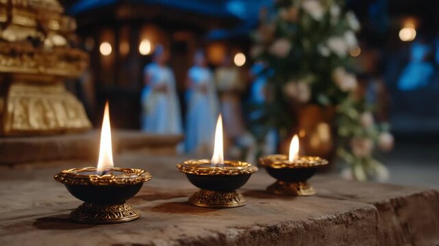321Close-up of sacred oil lamps with soft moonlight overlay, traditional shrine elements, faceless participants performing ritual, nighttime spiritual ceremony, calm and devotional am