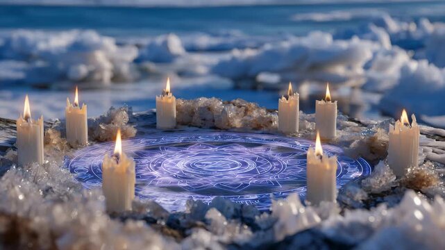 325Close-up of mystical winter solstice altar on frozen lake, soft candle flames illuminating snow and ice, spiritual reflection moment, serene ritual energy, icy winter environment
