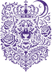 Wolf Crown Moon Rose Baroque Vector Art