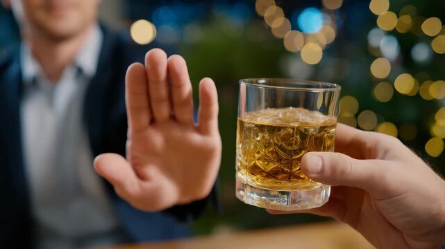 351Faceless male hand raised in refusal of alcohol, friend offering glass, close-up action shot, substance avoidance and healthy lifestyle concept, blurred festive or social setting