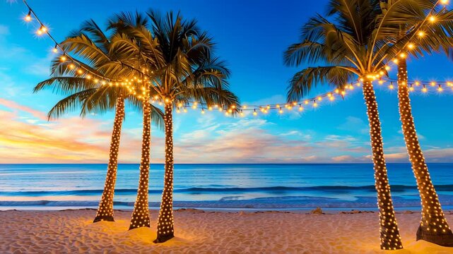 Tropical beach with palm trees wrapped in warm decorative lights near the ocean at sunset creating a dreamy vacation atmosphere representing luxury travel, summer holidays, and romantic seaside destin
