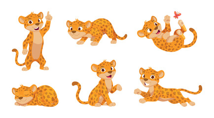 Cartoon jaguar. Walking running and jumping wild cheetah or leopard exact vector sported animal © ONYXprj