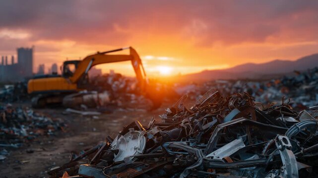 358Heap of rusty metal components at junkyard, glowing sunset sky with orange and crimson tones, defocused recycling facility and machinery, sustainable waste operations concept