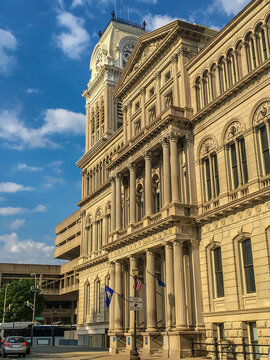 Louisville, Kentucky&mdash;May 9, 2018; Louisville Metro Hall, historic seat of city government, featuring its clock tower and neoclassical columns in downtown Louisville.
