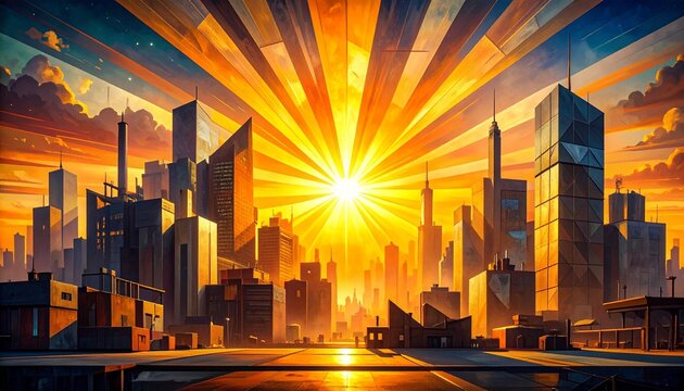Futuristic city skyline with radiant sunburst lighting modern business success and growth