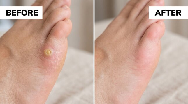 Before and after comparison of a foot showing the successful removal of a plantar wart or corn, resulting in clear skin.