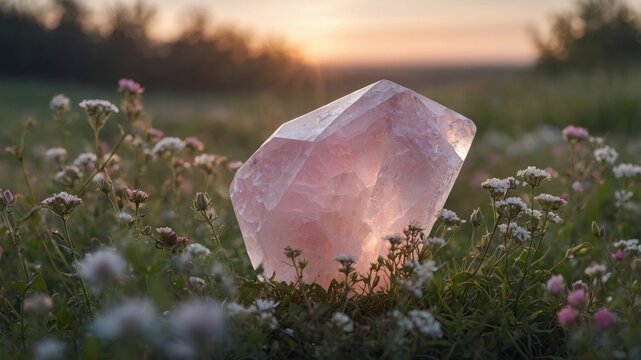 A large rose quartz crystal illuminated by sunset, surrounded by wildflowers in a serene meadow