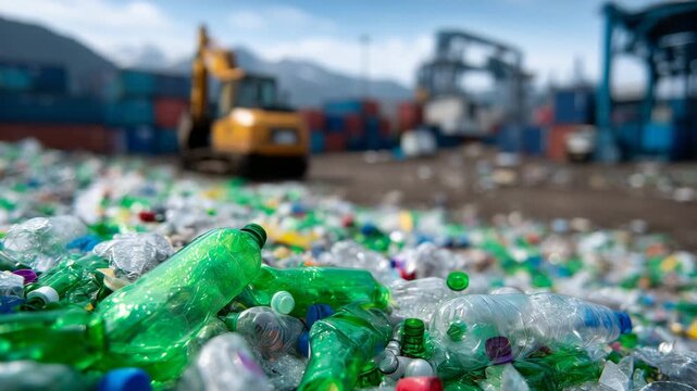 378Heap of compacted plastic bottles in recycling yard, close-up of vibrant crushed plastics, defocused industrial background, material recovery and environmental responsibility visua