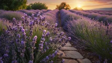 Obraz premium Serene lavender field at sunset with vibrant flowers, stone path leading through lush greenery