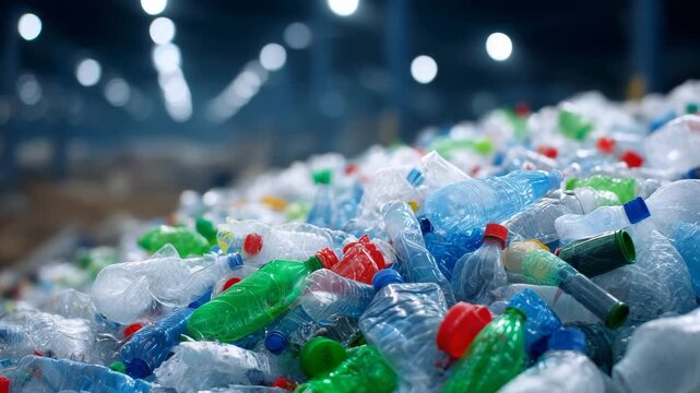382Heap of mixed crushed plastic bottles, vibrant red, blue, green, close-up, recycling facility background defocused, environmental responsibility and sustainability operation focus