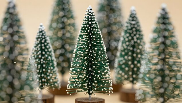Miniature christmas trees create a festive and whimsical display on a neutral background