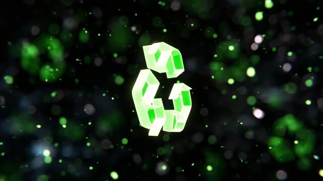 386Close-up of 3D green recycling icon floating in space, volumetric lighting highlighting edges, environmental responsibility and sustainability visualization, defocused abstract bac