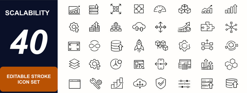 Scalability web icons in line style. Capacity growth, modular design, elastic interface, network arrow, performance upgrade, business efficiency. Editable stroke. Vector illustration.