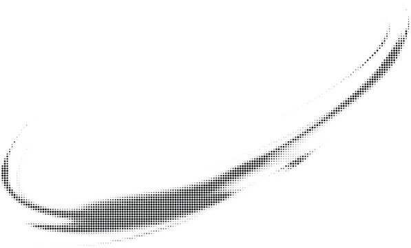 Abstract swirling motion orbits halftone design concept with black dots texture and dynamic circular paths isolated on a white background.