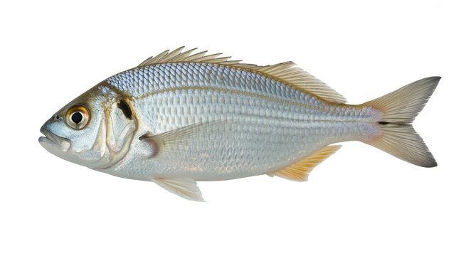 Whole Silver Fish With Yellow Fins On White Background seafood aquatic