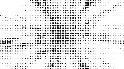 Explosive radial starburst halftone design concept with black dots texture and high-contrast impact lines for energetic comic and pop-art visuals. © AYESHA