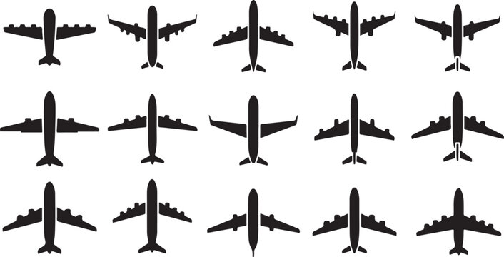 Airplane Silhouettes in Various Flight Positions and Angles Displayed