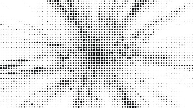 Explosive radial starburst halftone design concept with black dots texture and high-contrast impact lines for energetic comic and pop-art visuals.