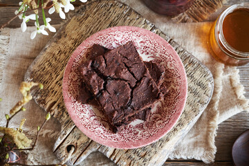 Homemade gluten-free vegan cake made with red kidney beans, oat flakes, cocoa and chocolate