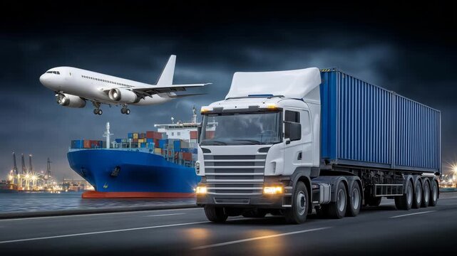 2Integrated logistics concept showing cargo plane, freight truck, and container ship in single composition, global multimodal transportation network, coordinated supply chain operat
