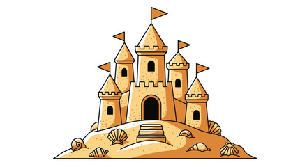 A colorful illustrated sandcastle with turrets and decorative shells © LUNEX