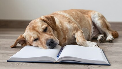 Golden retriever lies on an open book with a pen on a wooden floor looking tired