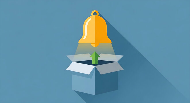 Product subscription alert and delivery notification concept illustration with bell icon and open cardboard box for e-commerce shipping service website