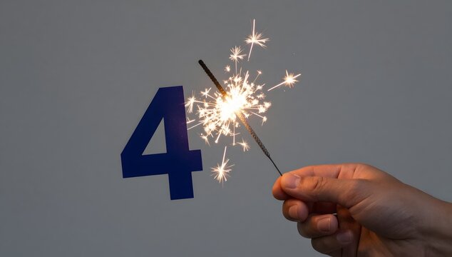 Hand holding sparkler near blue number four on gray background