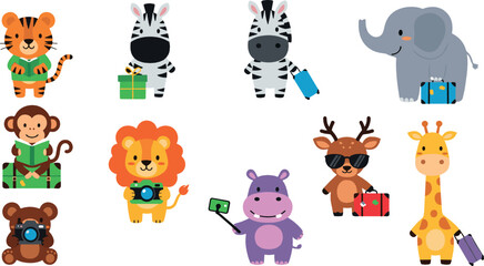 Cute traveling safari animals vector set with suitcase, camera, gifts and vacation cartoon illustration collection © MdNazmul