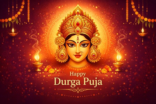 Elegant religious festival banner for Happy Durga Puja showing majestic goddess face, intricate crown ornamentation, glowing devotional lamps, and vibrant celebratory background