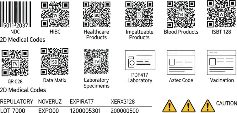 Collection of black and white medical 2D barcodes including QR, Data Matrix, and pharmaceutical identification codes for laboratory specimens.
