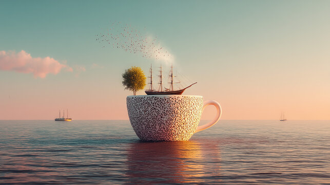 A cup floating in water unreal and dreamlike.