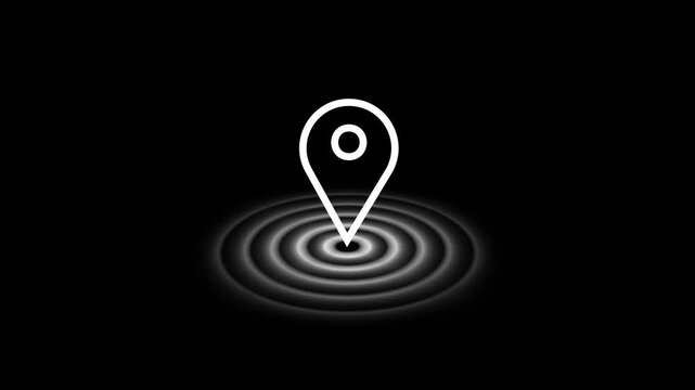 Minimal location pin icon with ripple waves spreading outward on dark background, digital navigation interface symbol for tracking and positioning systems, technology animation.