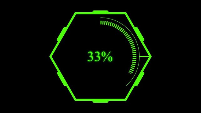Hexagonal futuristic hud element displaying circular progress interface on black background, digital technology dashboard component with segmented indicators, sci fi interface animation.