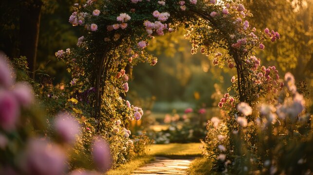 Charming garden arch covered with climbing roses and flowers glowing under golden evening light