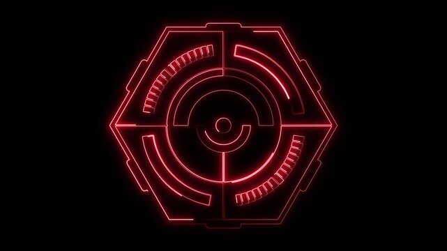 Red neon hexagonal targeting reticle with segmented circular indicators on dark background, futuristic aiming interface with digital markers, sci fi hud animation.