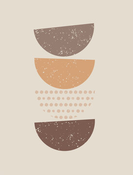 Abstract minimalist composition with stacked geometric semicircles and dotted texture in warm earthy tones. Modern boho style poster design on neutral background, suitable for wall art, branding, pack