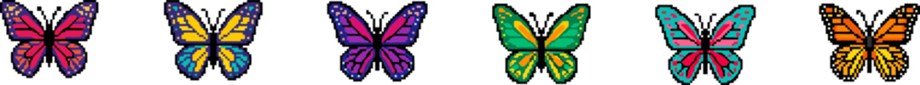 Set of colorful pixel art butterfly icons with various patterns.