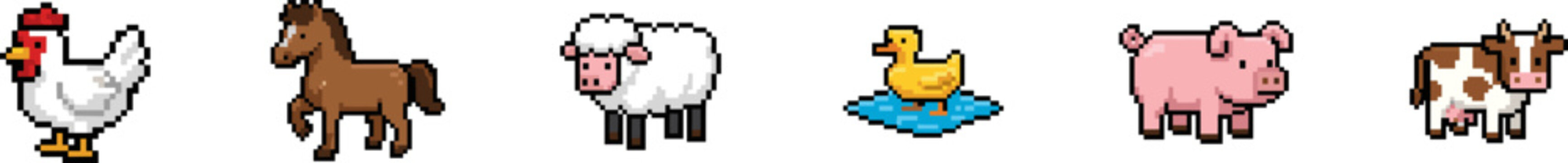 Set of cute pixel art farm animal characters on white background.