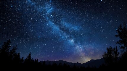 Fototapeta premium Deep night sky filled with stars and faint Milky Way galaxy stretching across horizon, breathtaking astronomy scene