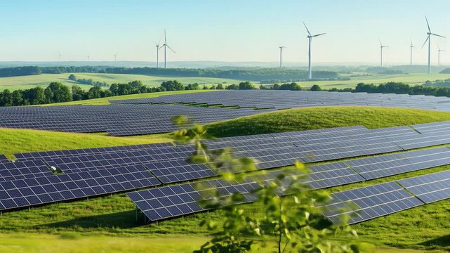 Expansive solar farm and distant wind turbines harmonize with rolling green hills under a clear sky