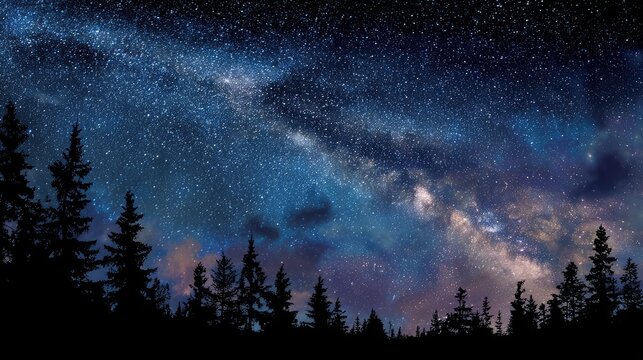 Deep space night sky filled with stars and bright Milky Way galaxy visible above forest silhouette landscape