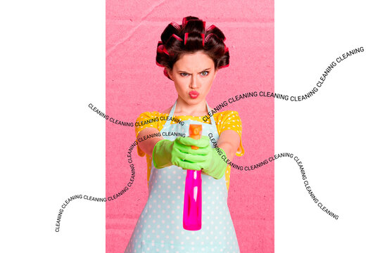 Creative collage picture young houseworker diligent duty service cleanup sanitary mess spray apron uniform gloves protection