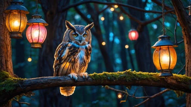 Majestic owl perched on a mossy branch illuminated by glowing lanterns in a serene forest at dusk