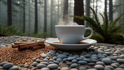 Fototapeta premium Serene coffee cup surrounded by cinnamon and coffee beans on pebbles in a misty forest backdrop
