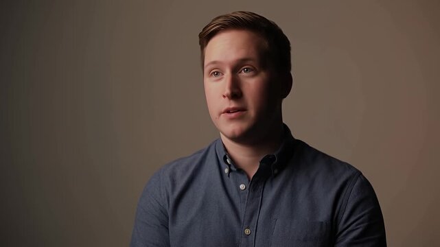 Man in blue collared shirt talking, close-up interview footage, portrait session interview, talking.