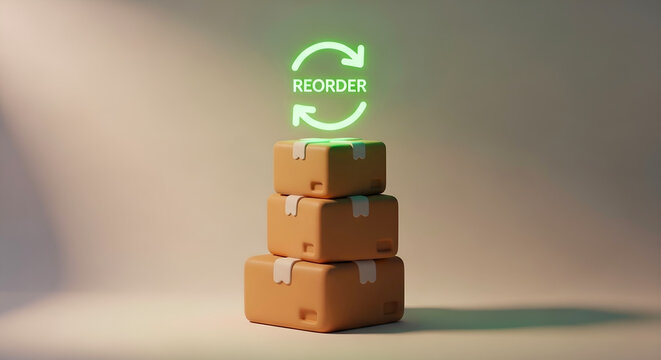 Subscription box service concept with glowing reorder icon and 3D delivery packages for e-commerce website landing page