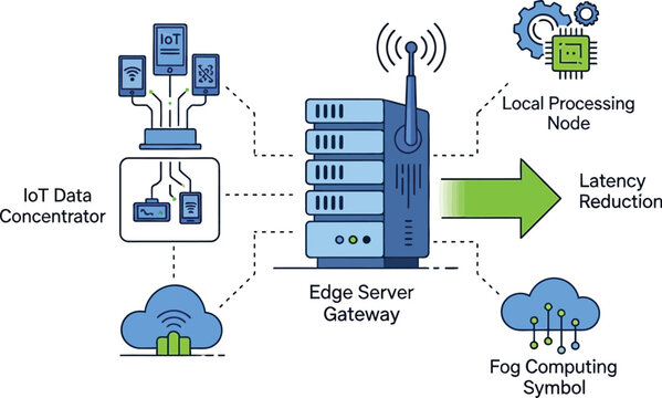 Edge server gateway diagram shows IoT data concentrator feeding information for local processing and latency reduction.