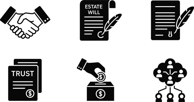 Several legal and financial document icons depict concepts of agreement, estate planning, trust funds, and charitable donation transactions.