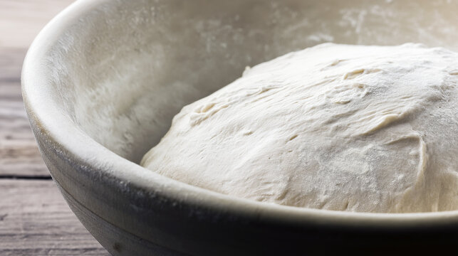 Homemade Artisan Bread Preparation. Gentle Fermentation Of Dough In Bowl. Soft Bread Dough Rising In Spacious Ceramic Bowl. Quiet Scene Of Dough Proofing With Airy Bubbles On Floured Surface